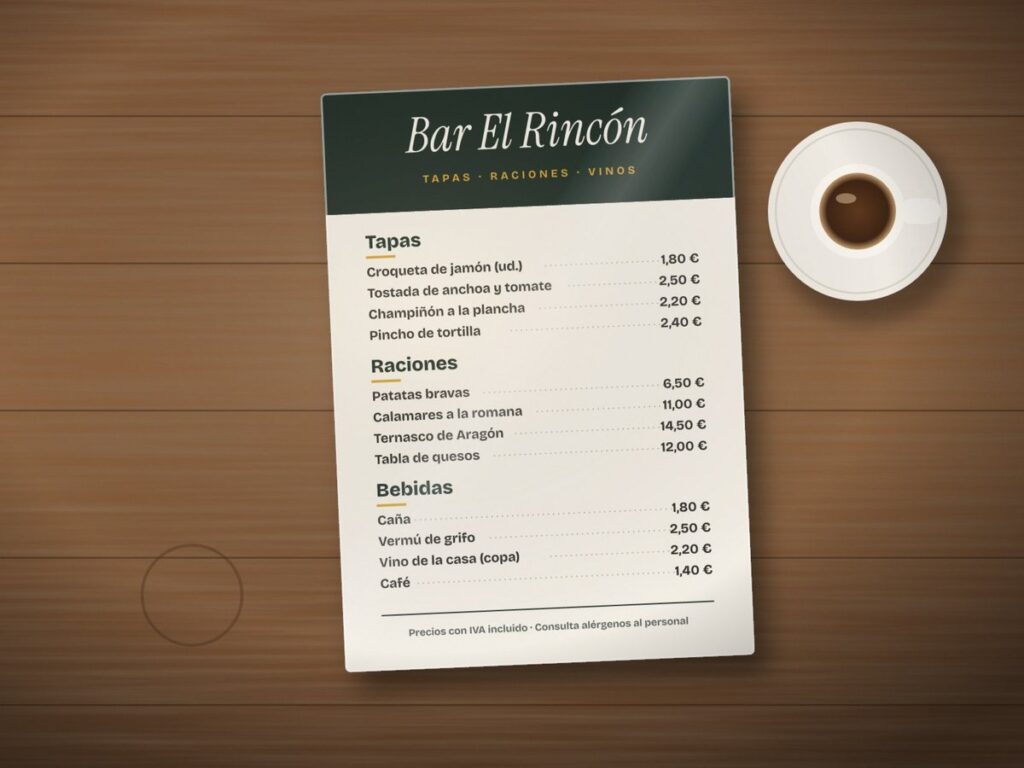 Carta de bar A4 plastificada sobre una mesa